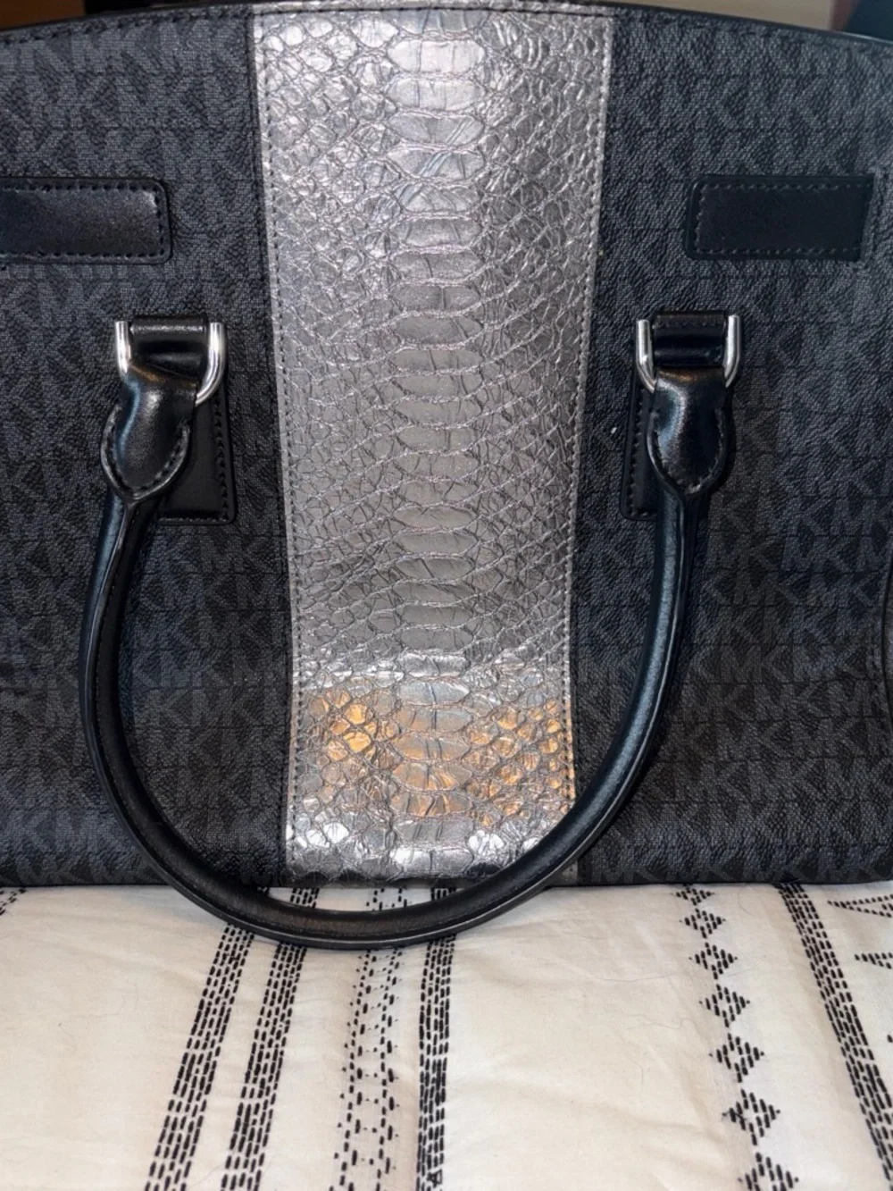 Michael Kors Black Tote with Metallic Silver Croc-Embossed Center